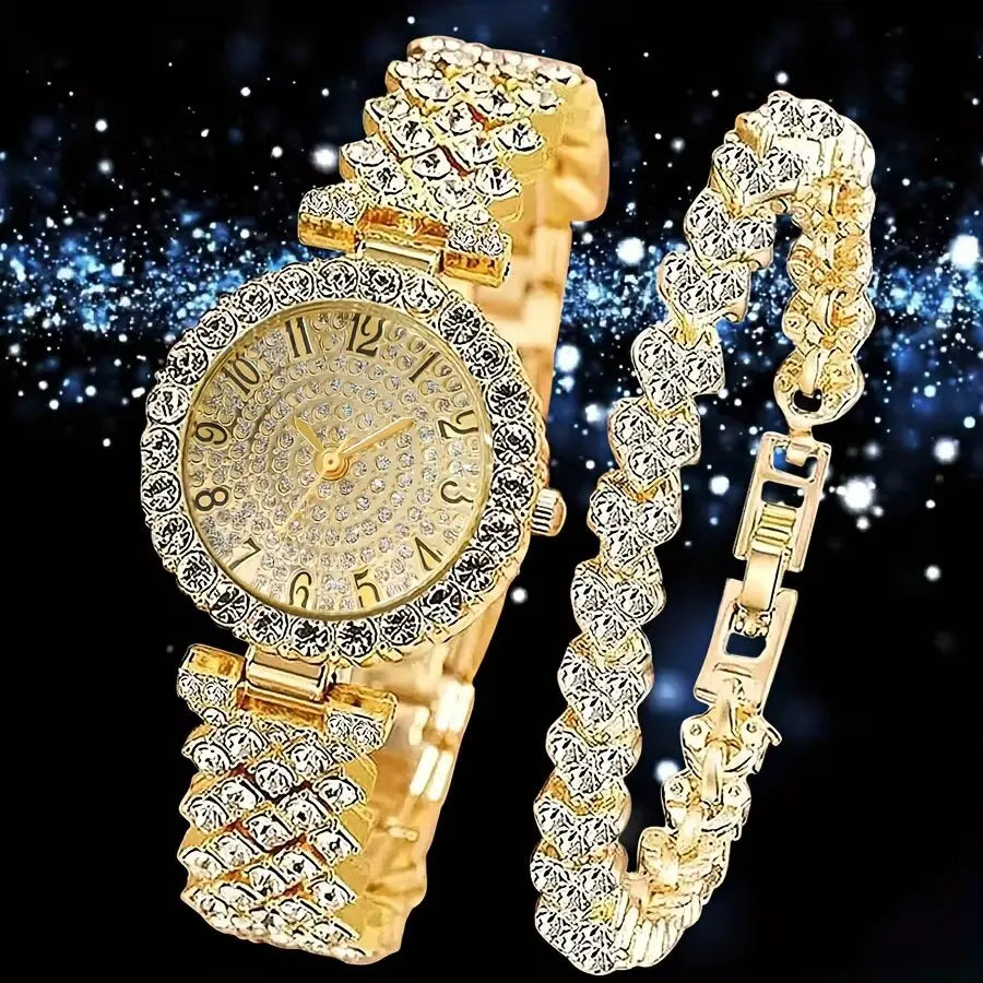 2PCS Luxury Rhinestone Women Watch Bracelet Set Fashion Ladies Quartz Wristwatches Relogio Feminino Reloj Mujer