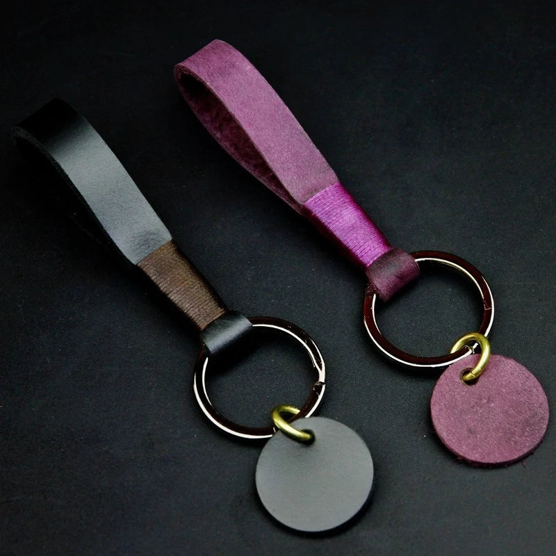 Vintage Custom Name Cowhide Genuine Leather Keychain Gift Laser Personalize Logo Car Key Chain Ring Men's Women's Keyring Strap