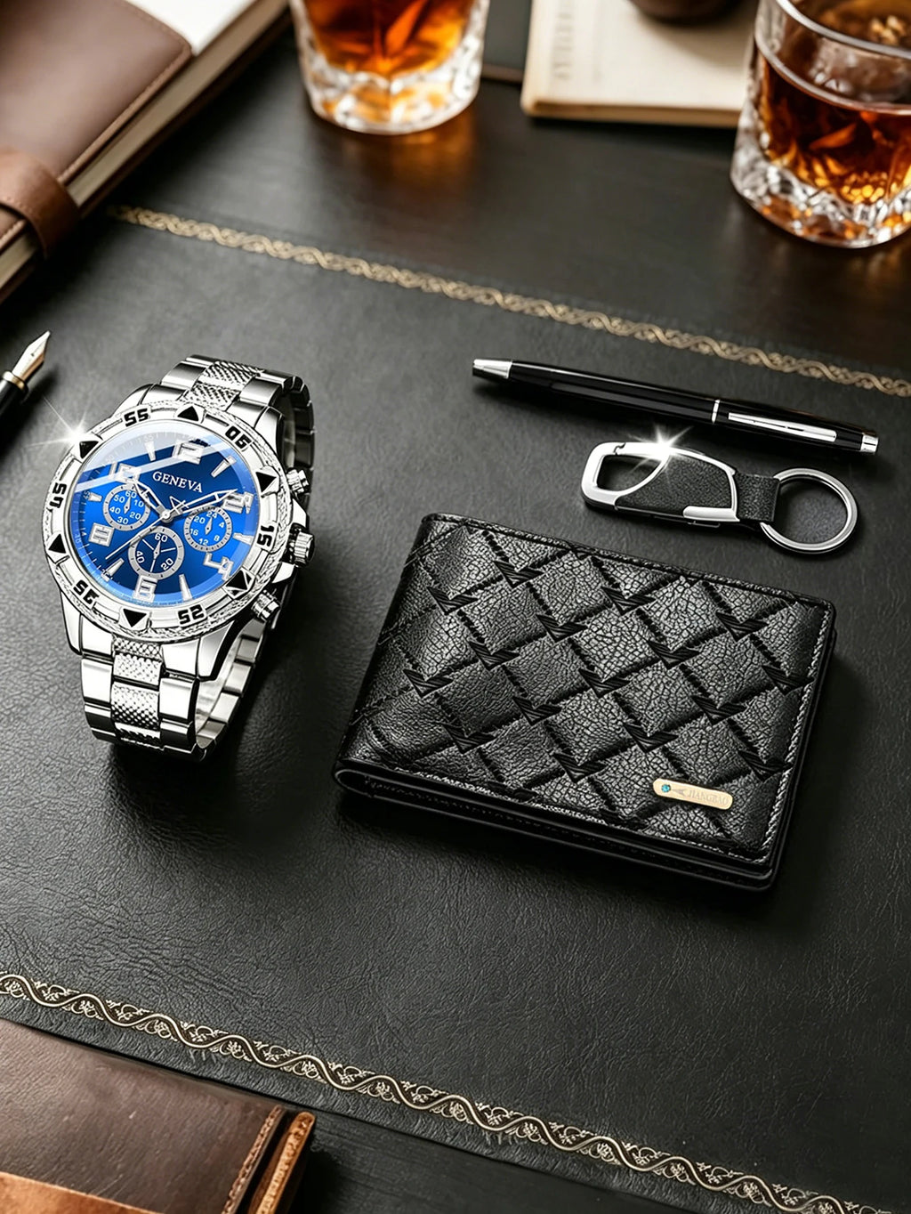 trendy and fashionable men's quartz watch, paired with a chain set, wallet, keychain. Suitable as a Father's Day or birthdaygift