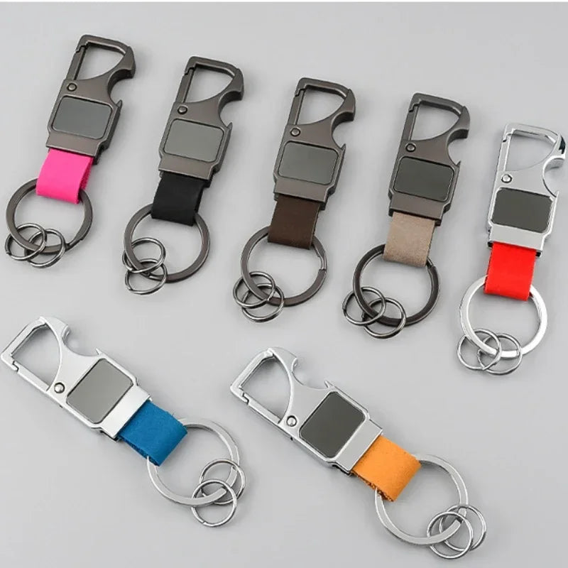 Laser Custom Cowhide Bottle Opener Leather Metal Keychain Multifunctional Key Chain Laser Engrave Car Keyring  for Men and Women