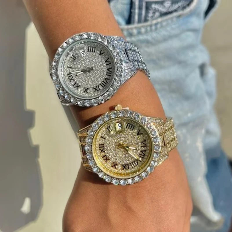 Full Diamond Watches for Women Luxury Top Brand Hip Hop Number Quartz Watch for Men Fashion Steel Waterproof Clock Wristwatch