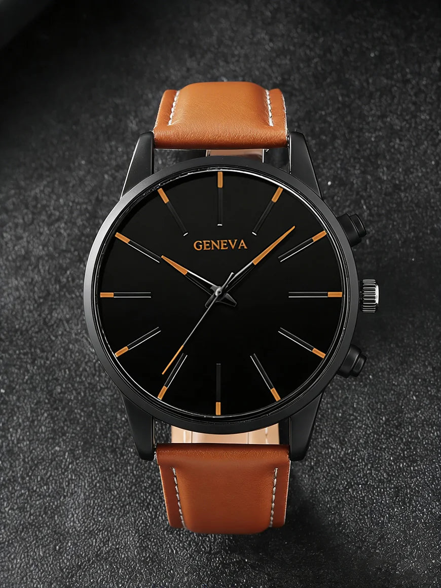 Men's Casual Fashion PU Leather Quartz Watch Set with Wallet Keychain - Business Accessories Gift without Box