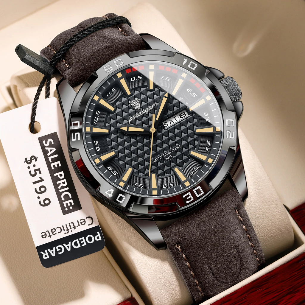 POEDAGAR Original Man Wristwatch Top Luxury Waterproof Luminous Date Week Watch For Men Quartz Sport Leather Men's Watches Reloj