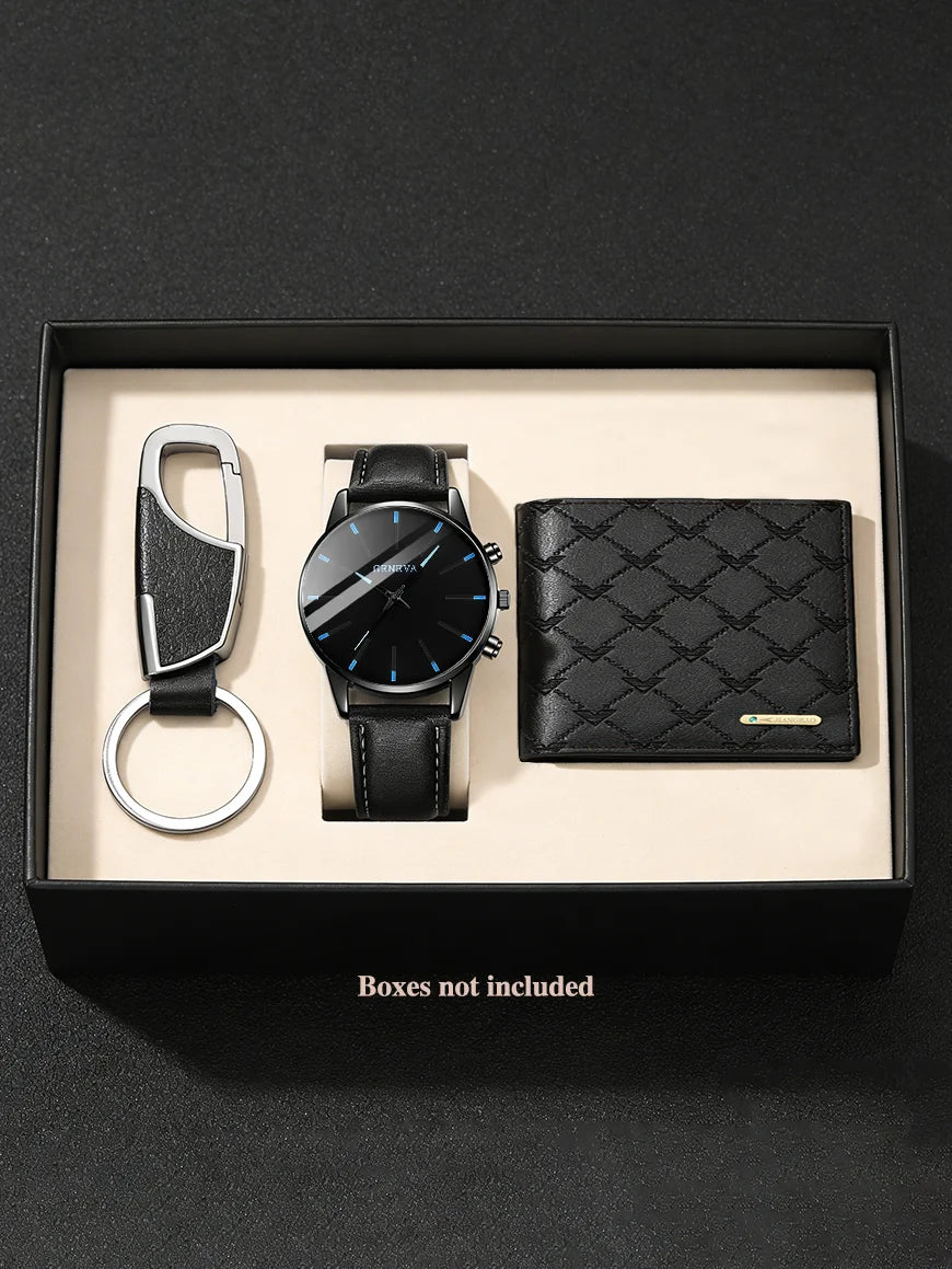 Men's Casual Fashion PU Leather Quartz Watch Set with Wallet Keychain - Business Accessories Gift without Box