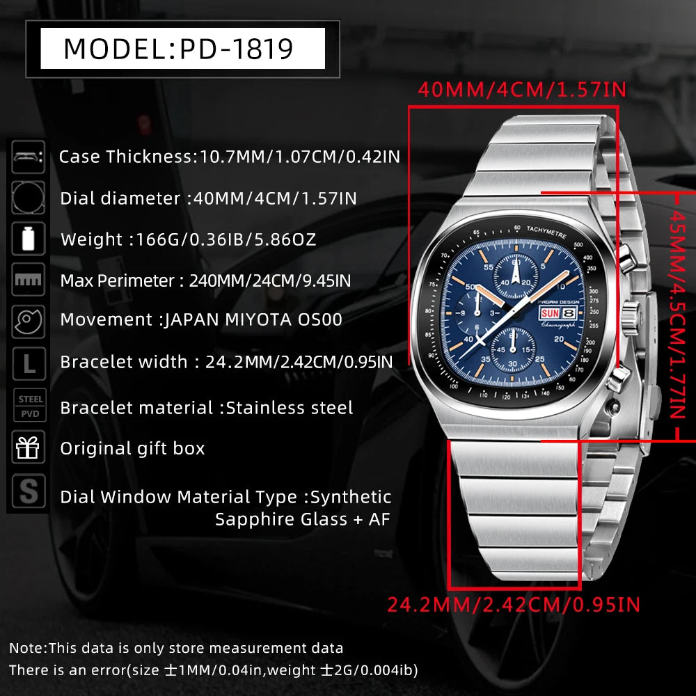 PAGANI DESIGN PD1819 Square Chronograph Watch For Men Japan Miyota OS000 Movement Sapphire Glass Waterproof Sport Wristwatch