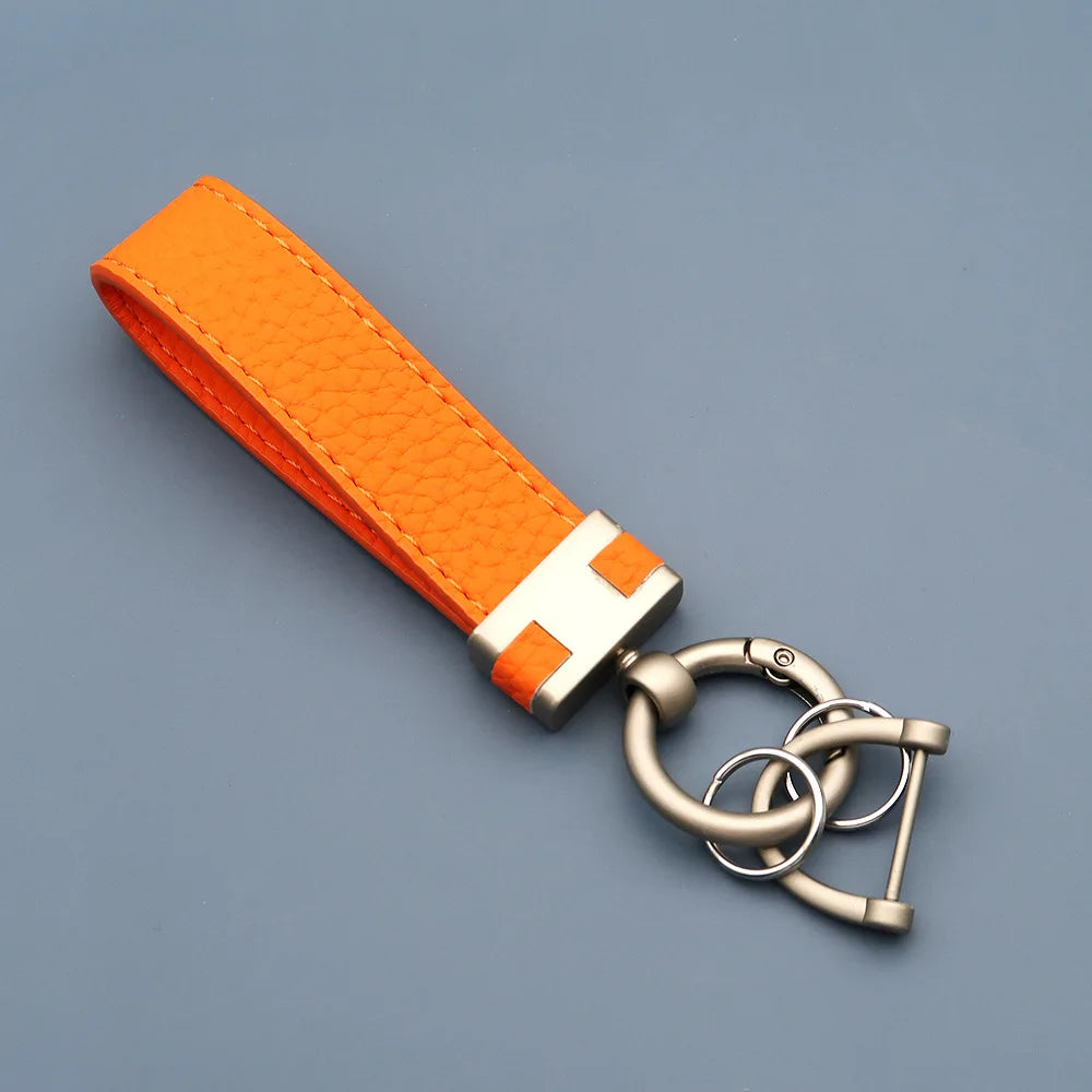 Custom Logo Litchi Pattern Keychain Men's and Women's Leather Laser Personalize Phone Bag Key Chains Ring Cute Metal Car Keyring