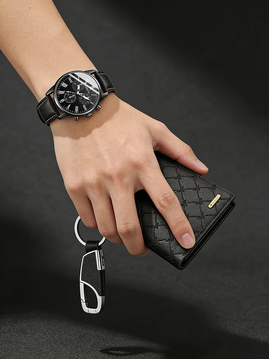 Men's Casual Fashion PU Leather Quartz Watch Set with Wallet Keychain - Business Accessories Gift without Box