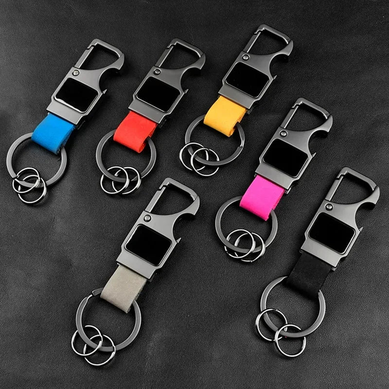 Laser Custom Cowhide Bottle Opener Leather Metal Keychain Multifunctional Key Chain Laser Engrave Car Keyring  for Men and Women