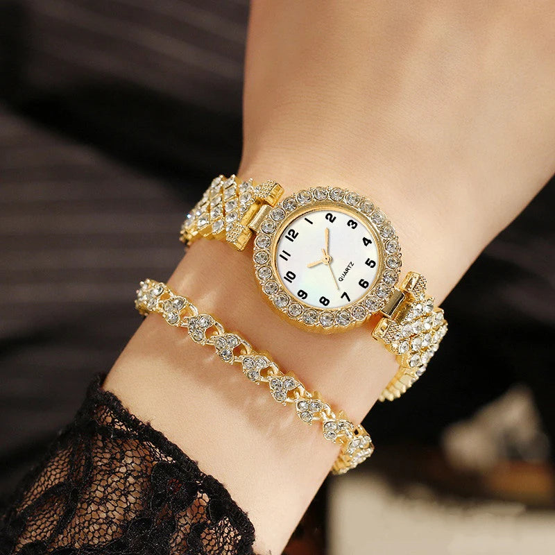 2PCS Luxury Rhinestone Women Watch Bracelet Set Fashion Ladies Quartz Wristwatches Relogio Feminino Reloj Mujer