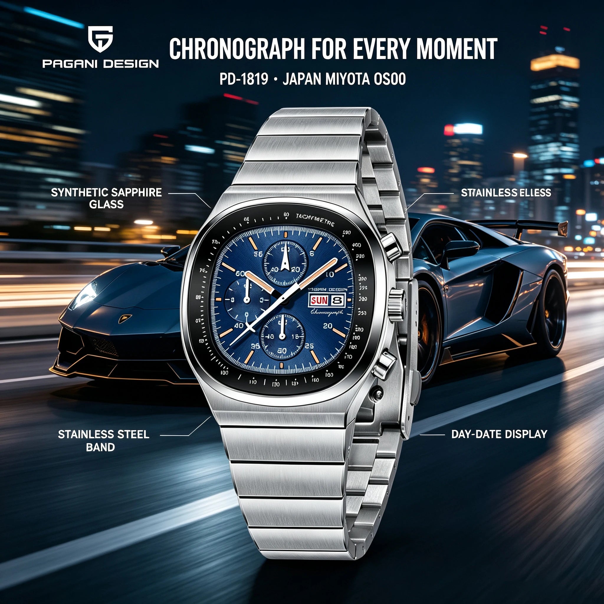 PAGANI DESIGN PD1819 Square Chronograph Watch For Men Japan Miyota OS000 Movement Sapphire Glass Waterproof Sport Wristwatch