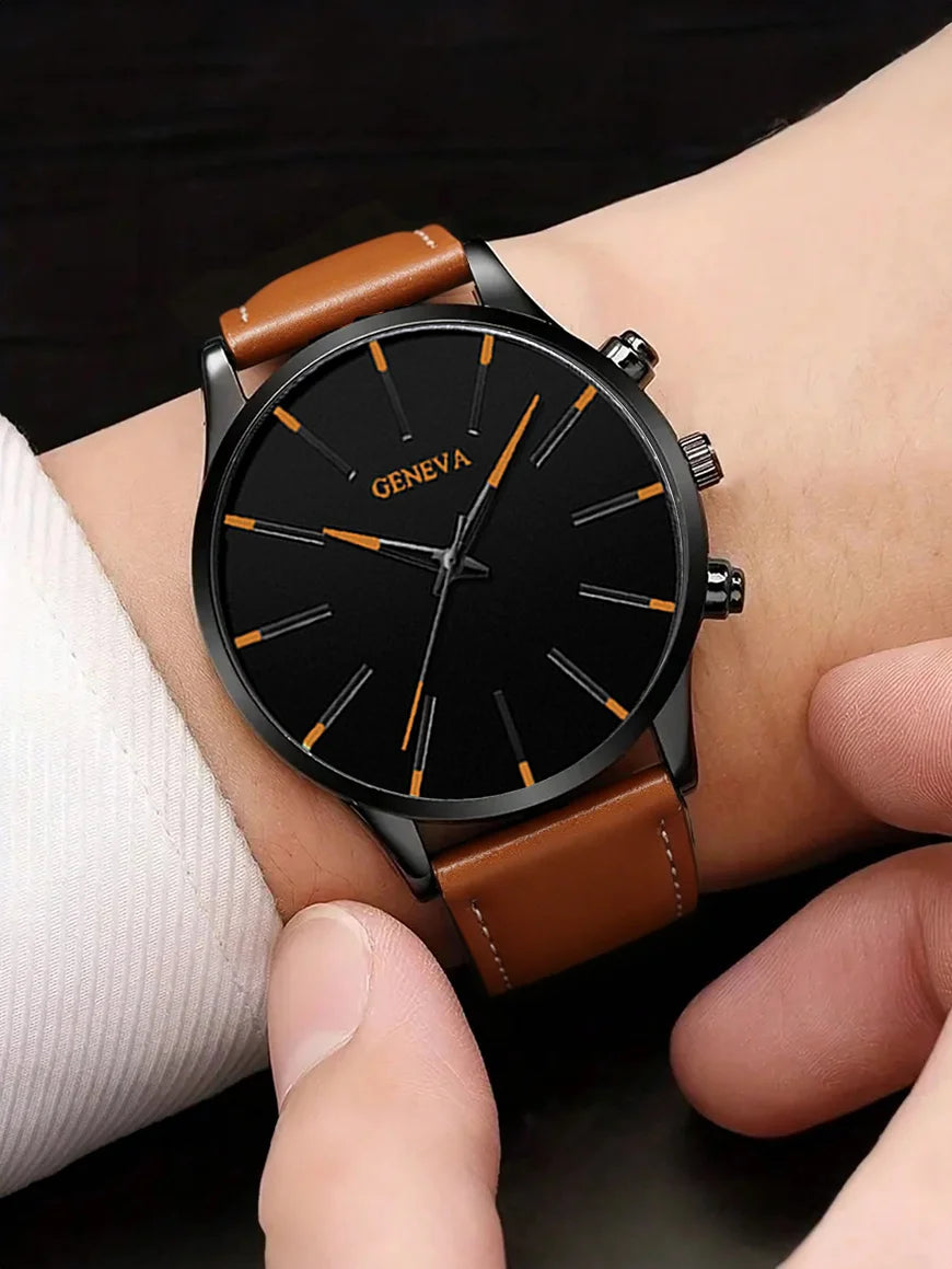 Men's Casual Fashion PU Leather Quartz Watch Set with Wallet Keychain - Business Accessories Gift without Box