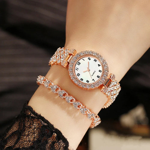 2PCS Luxury Rhinestone Women Watch Bracelet Set Fashion Ladies Quartz Wristwatches Relogio Feminino Reloj Mujer