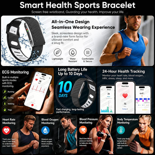 2026 New Screenless Fitness Tracker Health Smart Band ECG+PPG Uric Acid Blood Oxygen Body analysis Smart Bracelet For Men Women