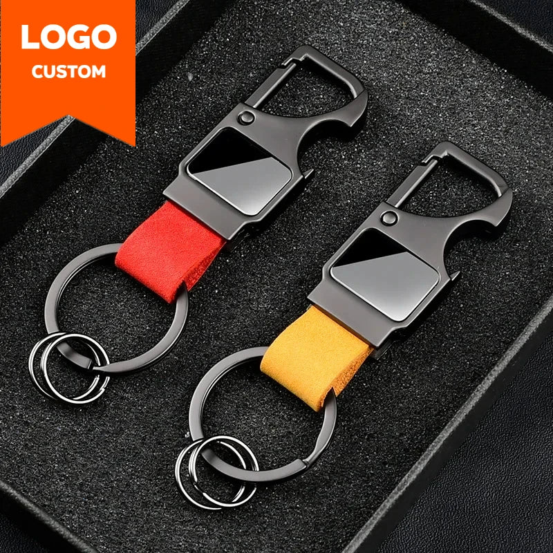 Laser Custom Cowhide Bottle Opener Leather Metal Keychain Multifunctional Key Chain Laser Engrave Car Keyring  for Men and Women