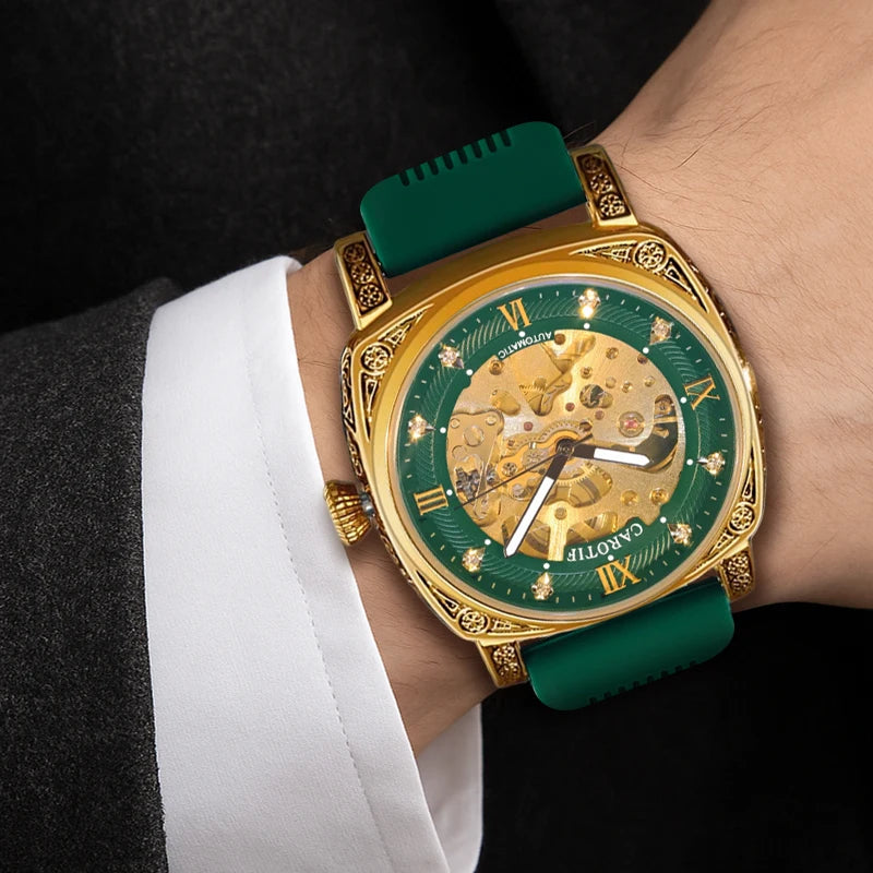 A Men's Green Tape Vintage Stylish Luminous Scale Full Automatic Mechanical Wristwatch
