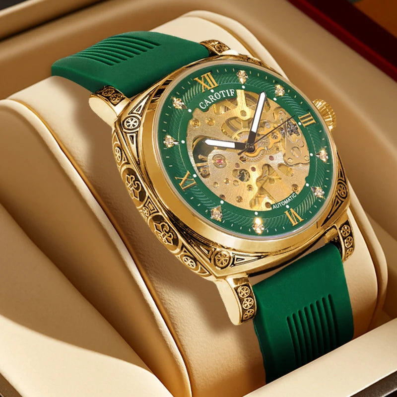 A Men's Green Tape Vintage Stylish Luminous Scale Full Automatic Mechanical Wristwatch