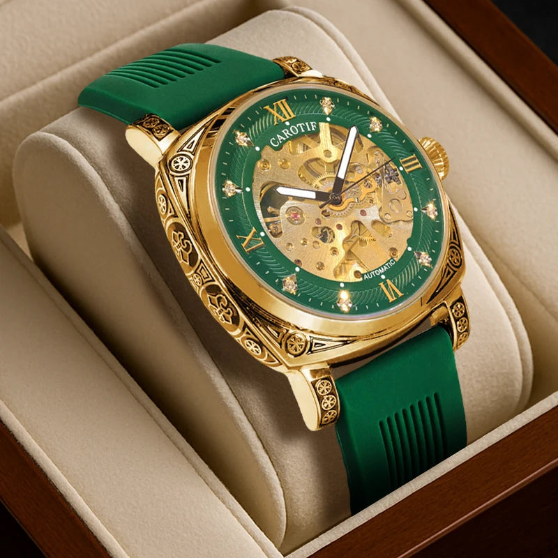 A Men's Green Tape Vintage Stylish Luminous Scale Full Automatic Mechanical Wristwatch