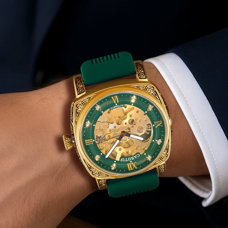A Men's Green Tape Vintage Stylish Luminous Scale Full Automatic Mechanical Wristwatch