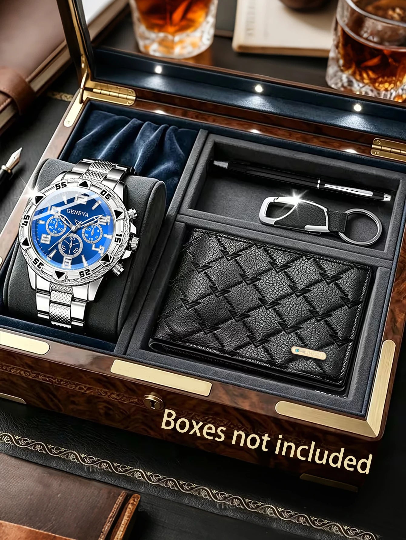 trendy and fashionable men's quartz watch, paired with a chain set, wallet, keychain. Suitable as a Father's Day or birthdaygift